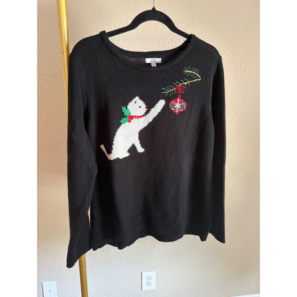 Croft & Barrow Christmas Cat Sweater Size XL Embroidered Holiday Festive Cute